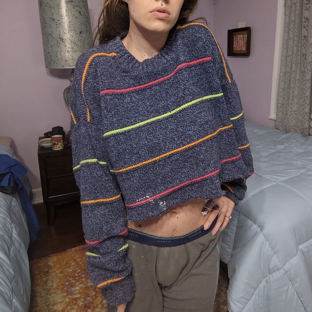 Big Crop Blue Stripped Long Sleeve Hippie Sweater